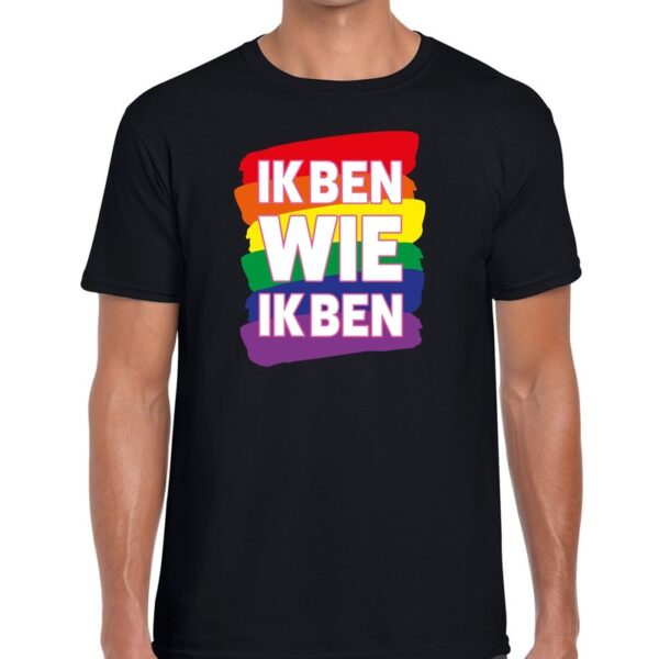 Ik ben wie ik ben regenboog gaypride shirt zwart voor heren