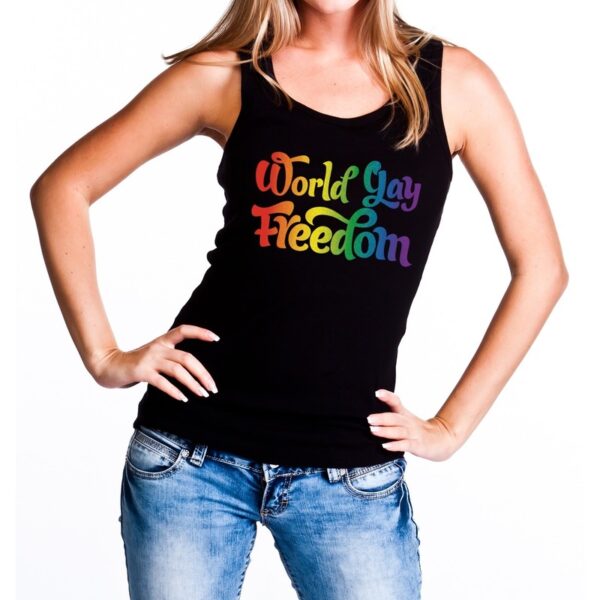 World gay freedom gaypride tanktop/mouwloos shirt zwart dames