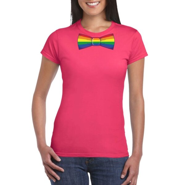 Roze t-shirt met regenboog vlag strikje dames