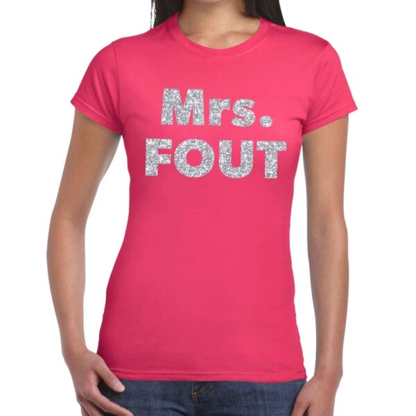 Mrs. Fout zilver glitter tekst t-shirt roze dames