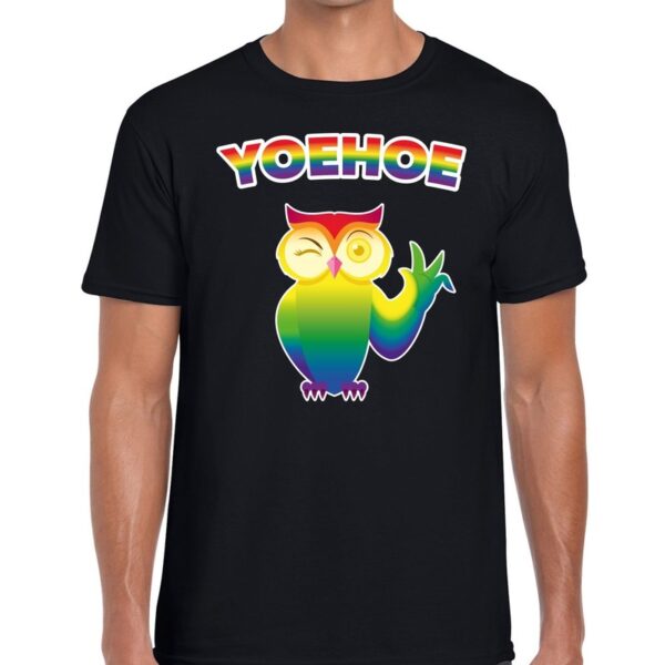 Yoehoe knipogende regenboog uil gay pridet-shirt zwart voor here