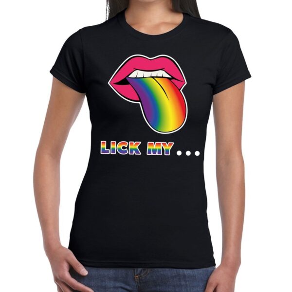 Lick my...mond/tong regenboog gay pride t-shirt zwart voor dames