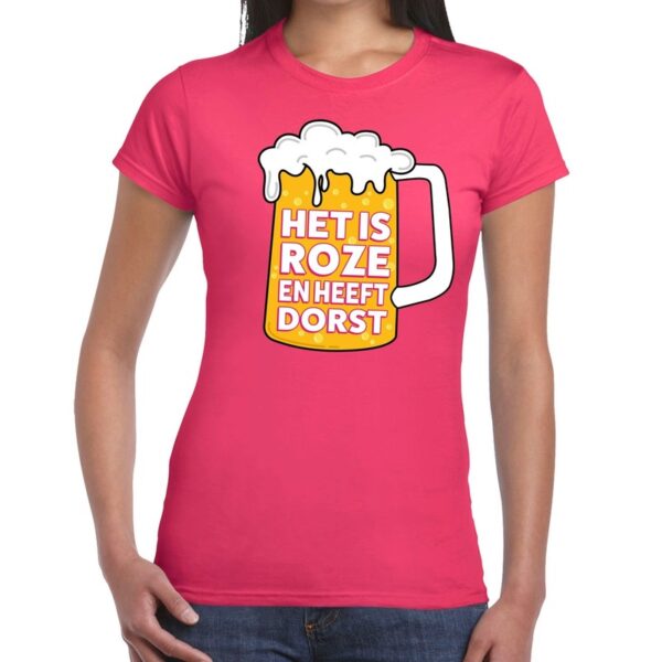 Roze Het is roze en heeft dorst t-shirt dames