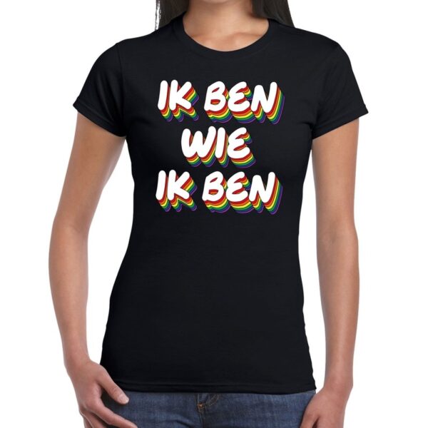 Ik ben wie ik ben gay pride t-shirt zwart voor dames