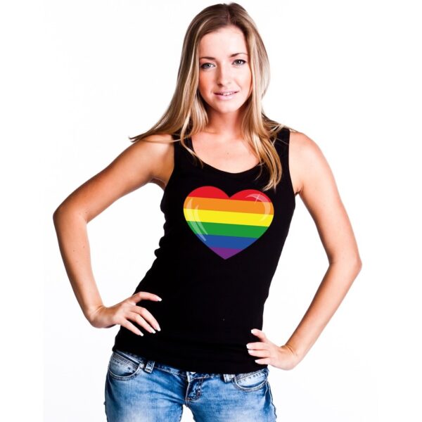 Regenboog vlag in hart singlet shirt/ tanktop zwart dames